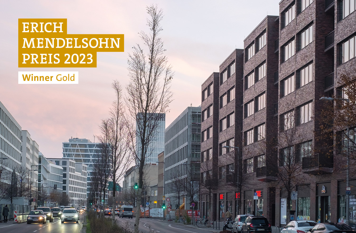 Ein Foto des Quartiers Heidestraße Core in Berlin, oben links das Label Erich Mendelsohn Preis 2023 Winner Gold
